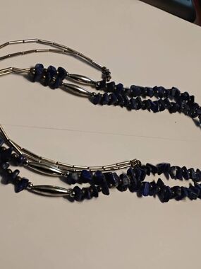 Long Silver Beads And Natural Blue Lapis Lazuli Chips 25.5" Necklace